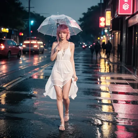 Highly detailed skin texture, cinematic lights, a full body image of a pink hair girl wearing a wet white dress, walking down the street at night in a rainy night