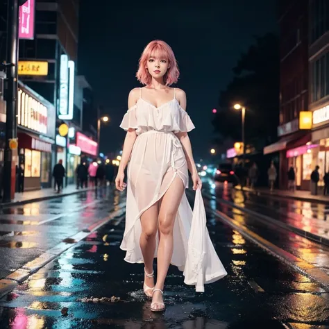 Highly detailed skin texture, cinematic lights, a full body image of a pink hair girl wearing a wet white dress, walking down the street at night in a rainy night