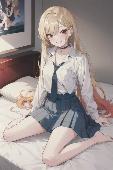 nsfw  full_body,on the bed,sex,masterpiece, highest quality, High resolution, Kitagawa Marin, 1 girl, blonde hair, long hair, colorful hair, red eyes, jewelry, earrings, earrings, , white shirt, tide shirt, black choker, blue tie, plaid skirt, grin and lau...