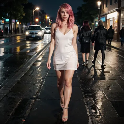 Highly detailed skin texture, cinematic lights, a full body image of a pink hair girl wearing a wet white dress and high heels, walking down the street at night in a rainy night, perfect face (goddess face), green eyes