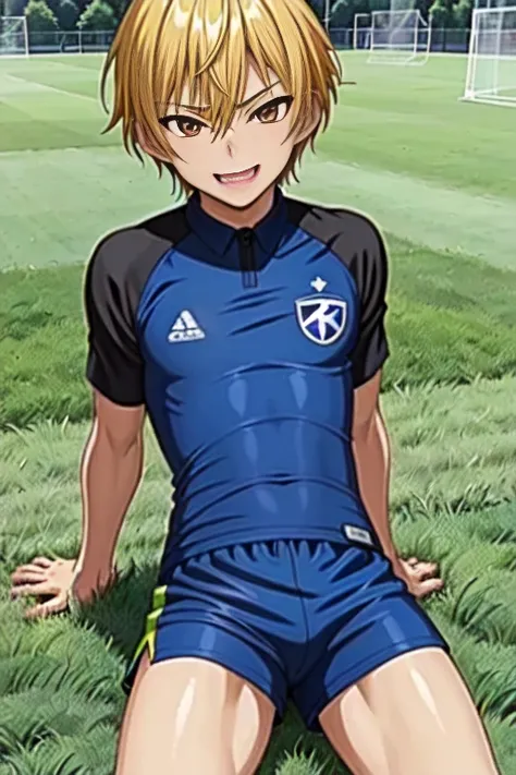 (((official art,Super thin illustration,High resolution, muste piece, best quality,best quality,)))high quality, detailed, (little boy),12 years old,(((solo)))、 A young ace striker male idol with a super cute face,A boy as beautiful as Planding, Cool hands...