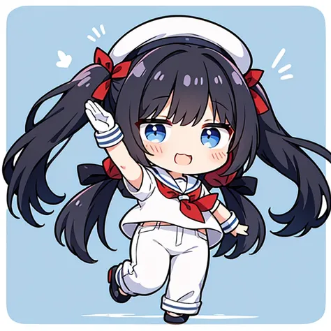 (Saluting), laugh, white sailor tops, white sailor hat, ((white pants)) ,chibi, twintails, black hair, (no background:1.4), full body, cute, solo, blue eyes, red ribbon