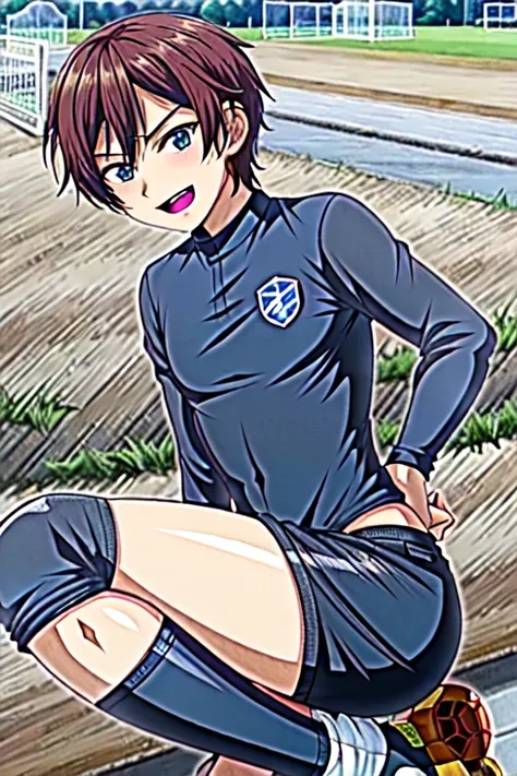 (((official art,Ultra-fine illustration,High resolution, 最high quality,最high quality:1.4)))high quality, become familiar with, (little boy),12 years old, A young ace striker male idol with a super cute face,A boy as beautiful as Planding, long legs, thighs...