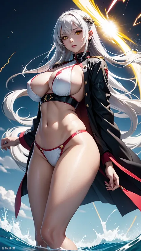 anime (mato seihei no slave), female adult , sexy (very big tits), actress (Fukuma) , yellow eyes , white long that is hip / past hip length, black skin, white female military uniform, She floats in the air with the power of lightning. 