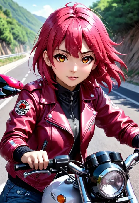 chica anime, corto,pelo rojo, montando una motocicleta, chaqueta rosada, carretera,moto completa roja