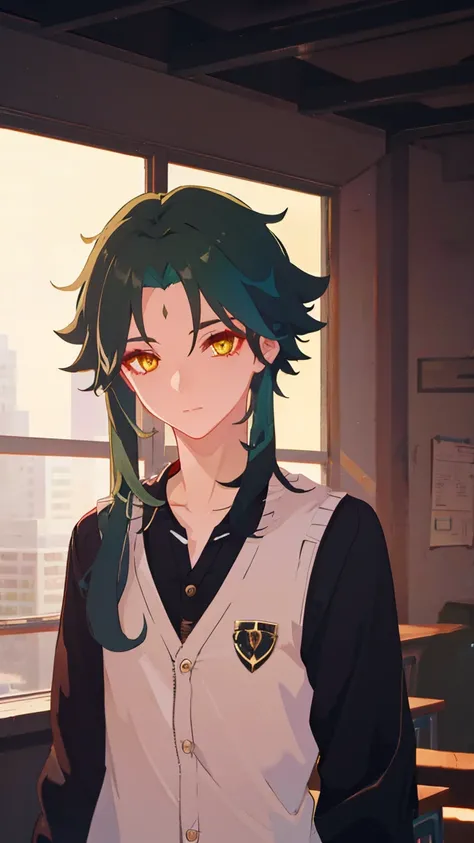 1 boy,dark green hair,highest quality,masterpiece,excessive,male focus,yellow eyes,beautiful eyes,beautiful boy,student,cutter shirt,cardigan,