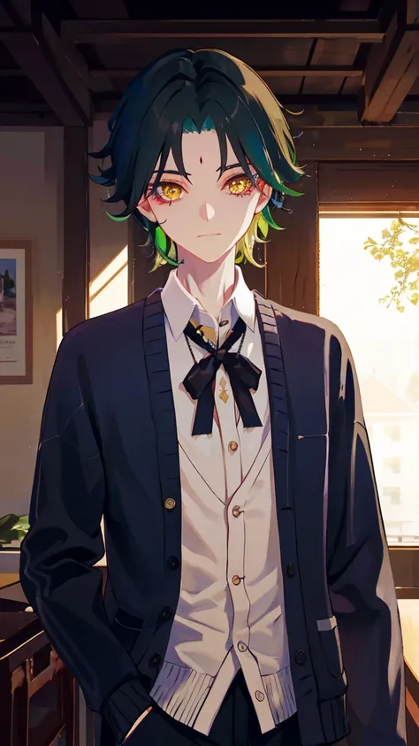 1 boy,dark green hair,highest quality,masterpiece,excessive,male focus,yellow eyes,beautiful eyes,beautiful boy,student,cutter shirt,cardigan,