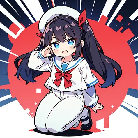 (One hand salutes:1.2), laugh, white sailor tops, white sailor hat, ((white pants)) ,chibi, twintails, black hair, (no background), full body, cute, solo, blue eyes, red ribbon