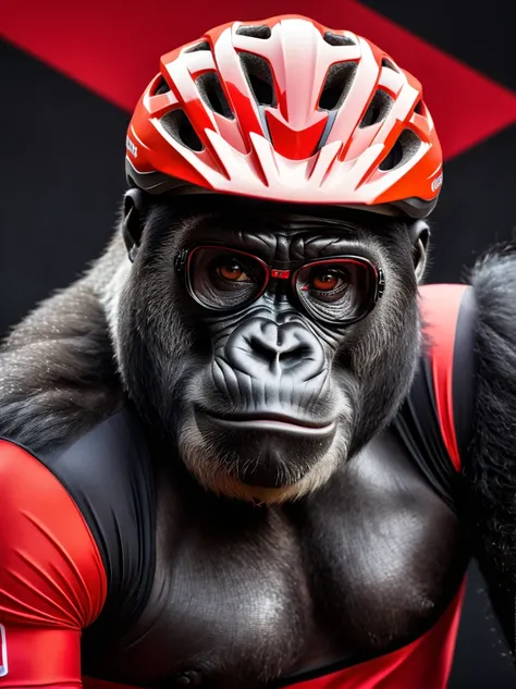 portrait of an Alpha Male Silverback Gorilla wearing a red Lycra Enduro Racing Mountain Bike Jersey, a fancy Enduro MTB race Goggle, and helmet highly detailed, evocative, high contrast, red and black color blocks as the background