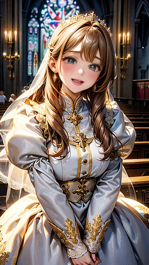 In front of the altar of a majestic church、（blurred background）、brighter light、golden long hair girl、classic white wedding dress、（elegant luster）、（lots of races）、lots of ribbons、((voluminous puff sleeves))、long cuffs with many buttons、golden embroidery、lon...