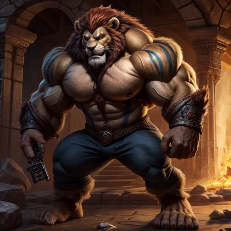 Uma imagem realista de Lion-o dos thundercats, super gigante musculoso, with muscular arms, olhos azuis, uma cauda, super peludo de pelo marrom, com as veias saltando, ombros largos, giant toned physique, veias musculares estourando, usando camisa xadrez v...