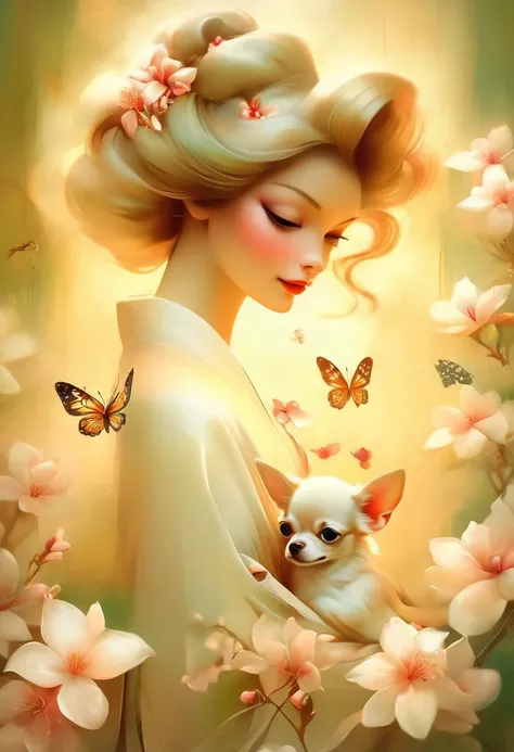 white jasmine flower background,A beautiful woman in a kimono stands like a beautiful model、holding a small chihuahua in his arms,,whole body,Butterflies dance,white azalea cherry background, background number 28,beautiful digital illustrations, Beautiful ...