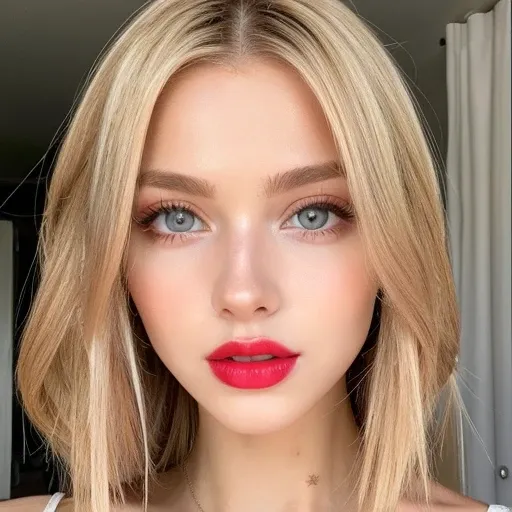 Beautiful white girl with red lips looks to the camera. Stunning blonda girl. Closeup face of young beautiful woman with a healthy clean skin. Pretty woman with bright makeup of eyes.