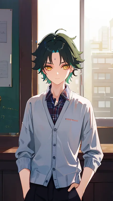 1 boy,dark green hair,highest quality,masterpiece,excessive,male focus,yellow eyes,beautiful eyes,beautiful boy,student,cutter shirt,cardigan,