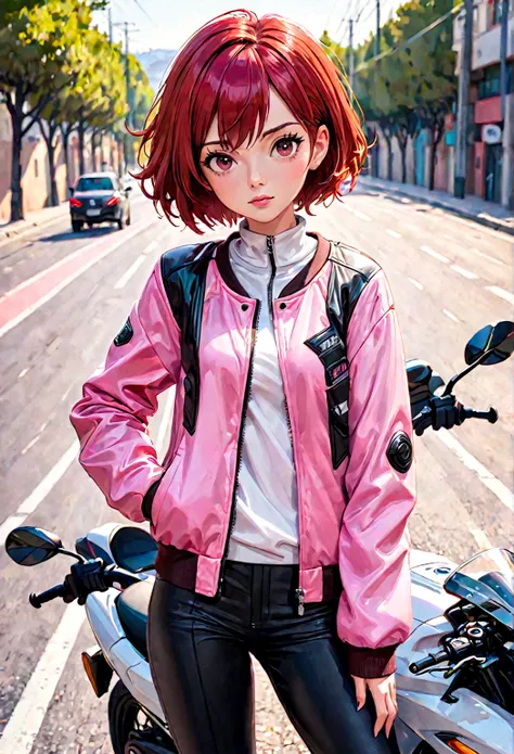 hay una mujer en una moto rojo, with short red hair and dark brown eyes, He is on a road and has a pink jacket., a black pants   