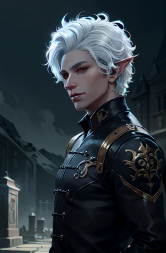 (masterpiece, best quality:1.3) 
bgastarion, 1boy, solo, white hair, red eyes, pointy ears, establishing shot , dark fantasy, to...