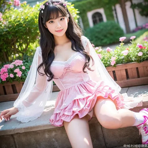 best quality, masterpiece, lifelike, 1 girl, alone, eternal, black hair, Long curly hair, blunt bangs, Smile, pink skirt, pink lolita dress, layered skirt, Lolita style long skirt,分層連衣裙 lace-trimmed 裙子, decorate, lace, long sleeve, puff sleeves, wide sleev...