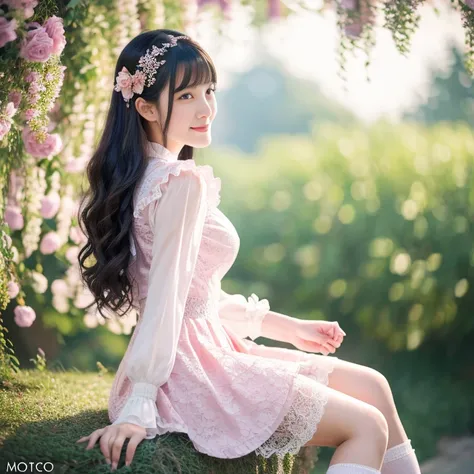 best quality, masterpiece, lifelike, 1 girl, alone, eternal, black hair, Long curly hair, blunt bangs, Smile, pink skirt, pink lolita dress, layered skirt, Lolita style long skirt,分層連衣裙 lace-trimmed 裙子, decorate, lace, long sleeve, puff sleeves, wide sleev...