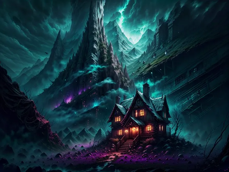 (a cabin,a massive mountain,HP.lovecraft style),old wooden cabin hidden in the dense forest,dark and mysterious,ominous atmosphere,ancient and towering mountain,covered in eerie mist,sharp and jagged peaks,reminiscent of the works of HP Lovecraft,encased i...