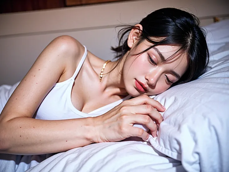 realistic photography, beautiful female ,sleep ,bed, short hair