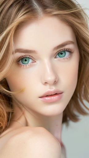 Beautiful white girl with nude lips looks to the camera. Stunning ginger girl. Young beautiful woman with a healthy clean skin. Pretty woman with bright makeup of eyes. Symmetric face, symmetric eyes, green eyes.