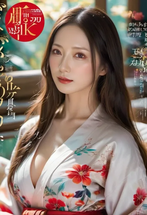 magazine cover，A 40-year-old woman with long hair wears a sexy kimono and has very delicate eyes，sleep in bed, glowing skin，red eyes（（（masterpiece）））， （（best quality））， （（intricate details））， （（surreal））（8K）