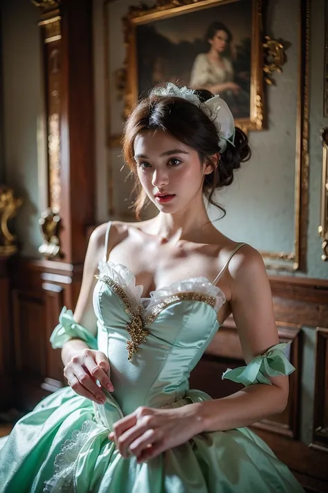 realistic photography, beautiful cute female , rococo dress