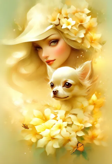 white jasmine flower background,Beautiful woman stands like a model。、holding a small chihuahua in his arms,,whole body,Butterflies dance,white jasmine background, background number 28,beautiful digital illustrations, Beautiful artwork illustration, amazing...