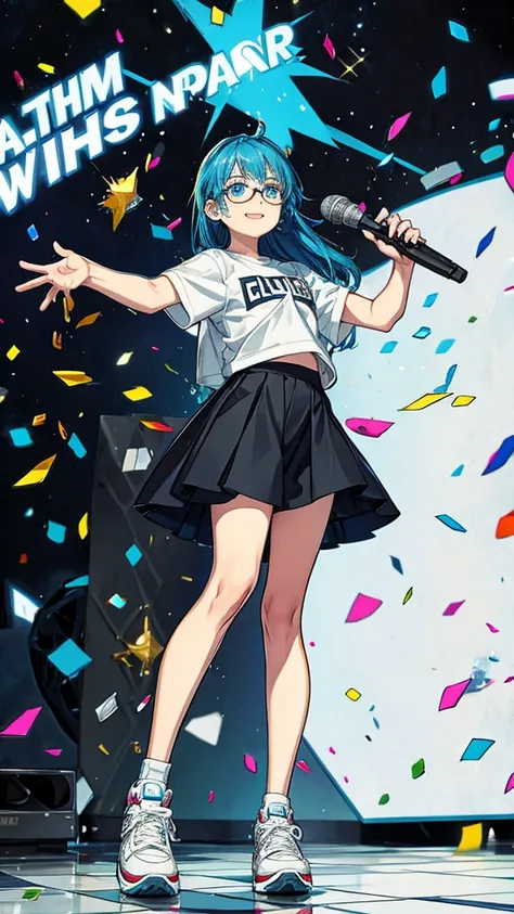 a teenager with blue hair and blue eyes, standing in stage while singing and holding a mic, wear white t-shirts and black shirts with white sneakers, cute hairstyles, wear glasses, smiling bright, and theres confetti everywhere 