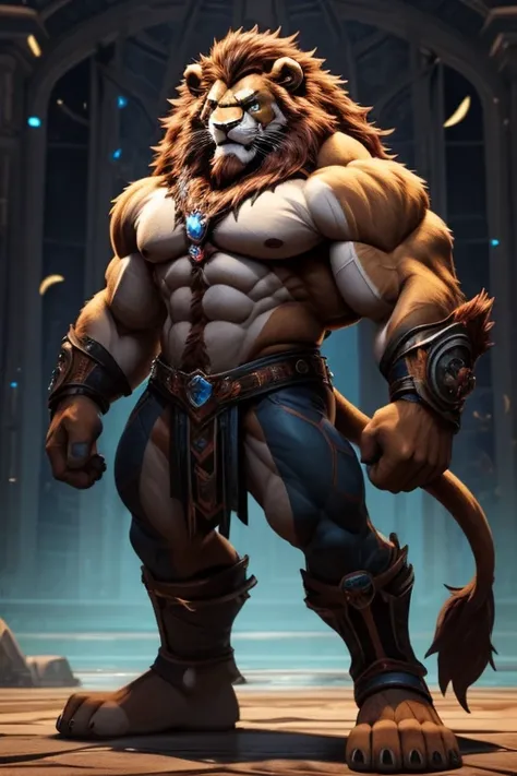 Uma imagem realista de Lion-o dos thundercats, super gigante musculoso, with muscular arms, olhos azuis, uma cauda, super peludo de pelo marrom, com as veias saltando, ombros largos, giant toned physique, veias musculares estourando, usando colete azul ras...