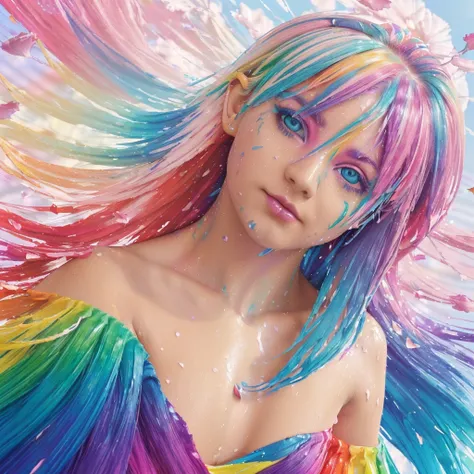 （Pink Fashion T-shirt：1.9），(Colorful hair: 1.8), (all the colours of the rainbow: 1.8),(((((vertical painting：1.6))), （painting：1.6），front, comics, illustrations, paintings, large eyes, crystal clear eyes,（ rainbow color gradient high ponytail：1.7）, exquis...