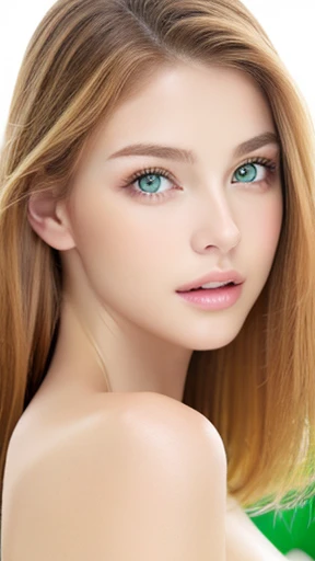 Beautiful white girl with nude lips looks to the camera. Stunning ginger girl. Young beautiful woman with a healthy clean skin. Symmetric face, symmetric eyes and green eyes. Pretty woman with bright makeup of eyes.