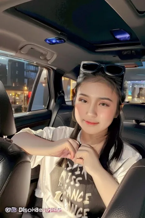 arafed asian girl in a car with sunglasses on her head, sitting in her car, young asian girl, xintong chen, young and cute girl, kid, photo taken with nikon d 7 5 0, photo taken with nikon d750, chinese girl, gemma chen, driving a car, driving, dang my lin...