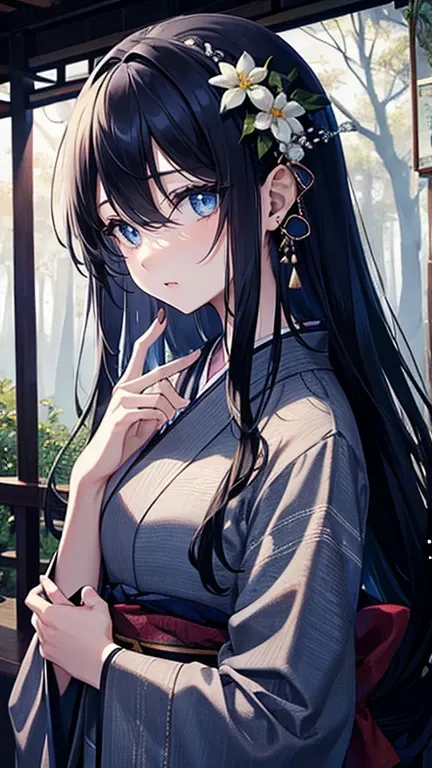 (masterpiece,highest quality,Super detailed),1 girl, Black and navy blue hair,Beautiful and dense face, fine eyes,looking at the viewer, face of great sadness,tears are falling,blue eyes,((gray theme),pale skin,japanese kimono, shining eyes,((night)),dark ...