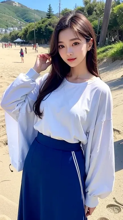 asian beauty，park city seaside beach，Round neck and long sleeves，Short sleeves with round neck，long skirt，long hair，