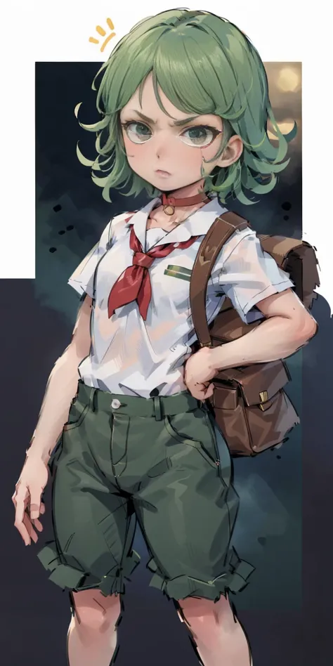 ((black background)) Tatsumaki kneel on WHITE sheet, short bob hair green hair, GREEN EYES, kindergarten_uniform,yellow hat,red school bag, leather choker collar slave , (hands on hips, clenching fist 👊 ✊️)