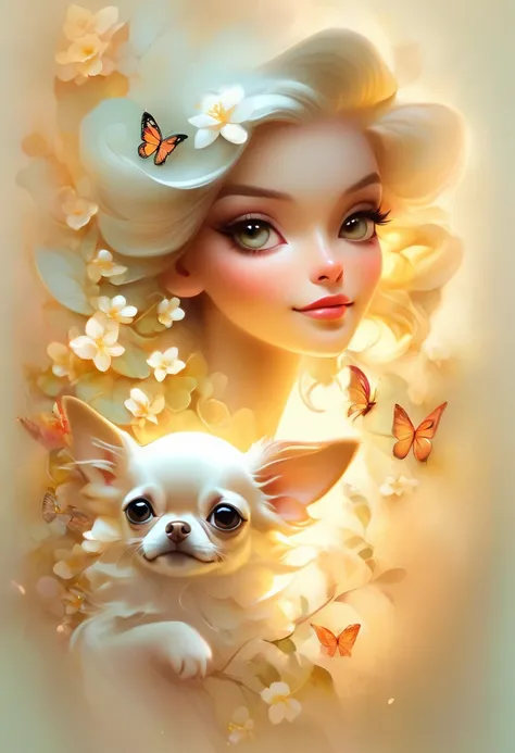 white jasmine flower background,Beautiful woman stands like a model。、holding a small chihuahua in his arms,,whole body,Butterflies dance,white jasmine background, background number 28,beautiful digital illustrations, Beautiful artwork illustration, amazing...