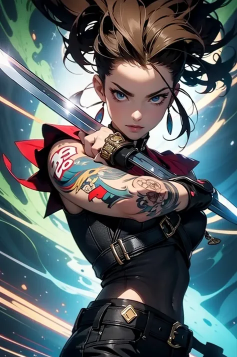 rainbow style, Simon Bisley-esque almost naked muscular 35-year-old warrior woman, Tattoo covering the entire arm, Invincible、samurai sword ready(1.9),hold a great sword(1.8),lightning,momentary(1.8) moment,thunderbolt(1.8),hair half black half white, mini...