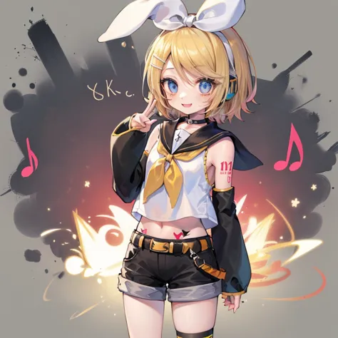 #quality(8k,best quality, masterpiece,super detailed),alone,#1 girl(cute,cute,small ,kagamine rin, short hair, tattoo of numbers...