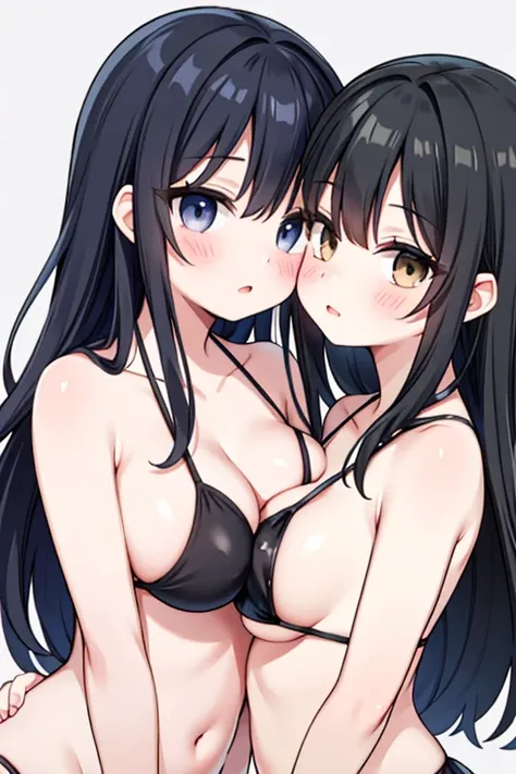 two girl、black hair、black eyeicro bikini、touch each other&#39;s breasts