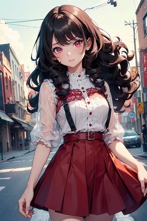 ((1 girl)), latest trend clothes, cute clothes,stylish fashion, jump ,wavy hair, cowboy shot,((Super detailed,highest quality, High resolution, 8k wallpaper, beautiful clothes,)),((black hair,red inner color, curly hair)) (red eyes),eye shadow, eyeliner,Gl...