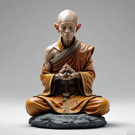 corpo inteiro, "Witness the wisdom and serenity of an ultra-realistic monk in ultra-definition! In this amazing miniature de resina, Immerse yourself in the world of an old, illuminated alien on a white background, Wrapped in powerful and strong colors tha...