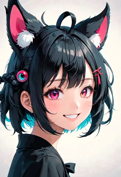 black hair, hair bobbles, wince, longeyelashes, solid circle eyes, fake animal ears, light smile, ear blush, fang, Surrealism, drop shadow, anaglyph, stereogram, tachi-e, pov, atmospheric perspective, 8k, super detail, ccurate, best quality