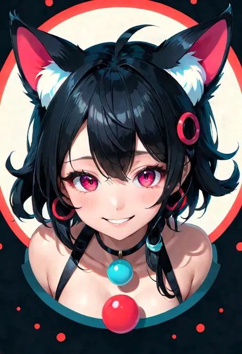 black hair, hair bobbles, wince, longeyelashes, solid circle eyes, fake animal ears, light smile, ear blush, fang, Surrealism, drop shadow, anaglyph, stereogram, tachi-e, pov, atmospheric perspective, 8k, super detail, ccurate, best quality