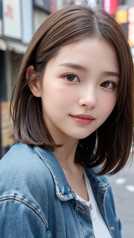 (((straight shoulder-length brown hair mini bob)))、(((目が細くlight eye makeup)))、(((standing alone on a rider&#39;jacket and denim ...