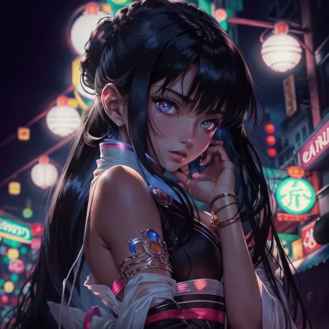 (backlighting,navel:1.1,black hair),A beautiful woman wearing  on the bustling streets of Gintama, surrounded by vendors, beautiful portrait of a stunning goddess girl, beautiful detailed face, porcelain skin, half body shot, centered,((moonlight,night,big...