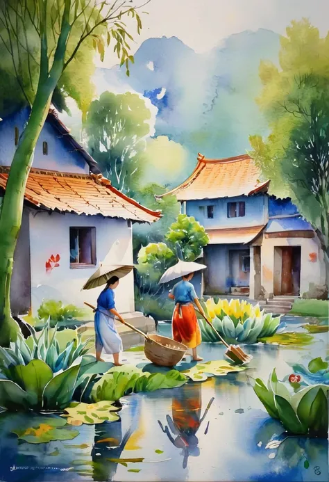 There is a stream in front of the tile house, two people carrying hoes, willow trees, swallows, rain, frogs on lotus leaves, ink wind