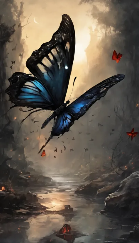 (butterfly:1.5),(butterfly theme:1.5),(dark horror theme:1.5),(thriller:1.5),(inspiration from Stephen King:1.5),(dark fantasy:1.5), (ink and watercolor painting:1.5), (black and white color:1.5), 8k, 4k, (landscapes:1.5),(A large number of butterflies fly...