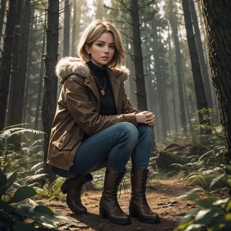 30 year old blonde woman short brown hair adorned with feathers brown fur jacket blue shirt short jeans black boots dream catcher necklace looking straight at the viewer in a forest background with fog brown eyes