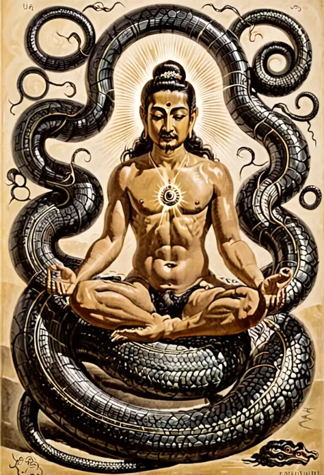 a figure is depicted seated in meditation within a swirling vortex of serpentine energy, symbolizing the awakening of the Kundalini serpent and the mastery of primal forces.
The meditators form intertwines with the coiling serpents, suggesting a union of h...